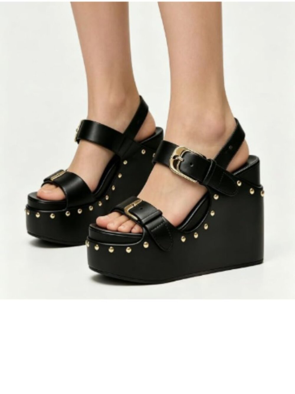 FSJ Black Open Toe High Heel Wedges Double Buckle Slingback Studded Sandals